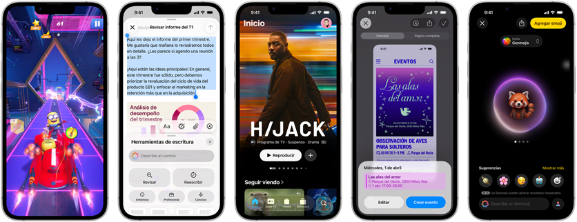 Dispositivos iPhone 17e uno al lado del otro que muestran diferentes pantallas: un juego, Herramientas de Escritura, app Apple TV, la creación de un evento en el calendario, la creación de un Genmoji