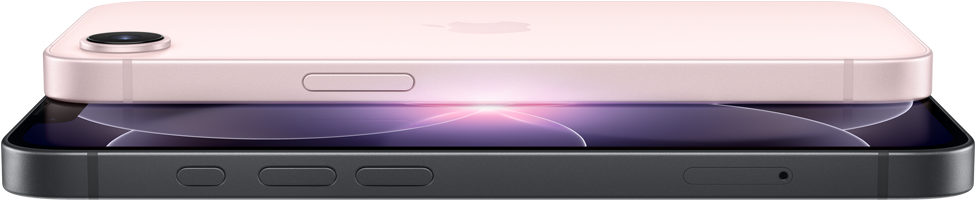 iPhone 17e, partes lateral y posterior en horizontal, color rosa p&aacute;lido, iPhone 17e, partes lateral y frontal en horizontal, color negro