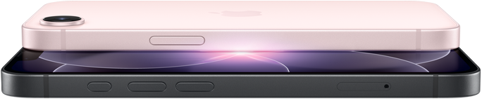 iPhone 17e, partes lateral y posterior en horizontal, color rosa p&aacute;lido, iPhone 17e, partes lateral y frontal en horizontal, color negro