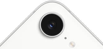 iPhone 17e, vista parcial de la parte posterior, color blanco, cámara Fusion en la parte superior